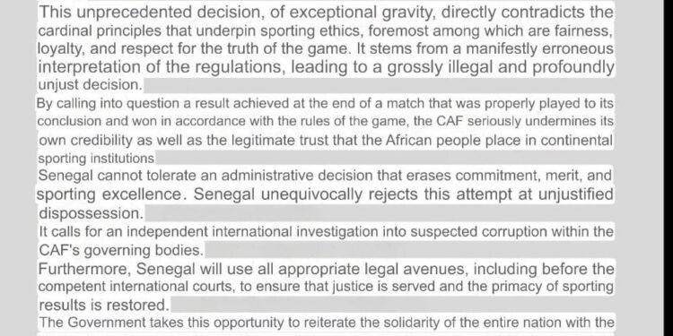Outrage in Dakar: Senegal Rejects AFCON Forfeiture Verdict; Brands CAF Ruling ‘Disgrace to African Football’